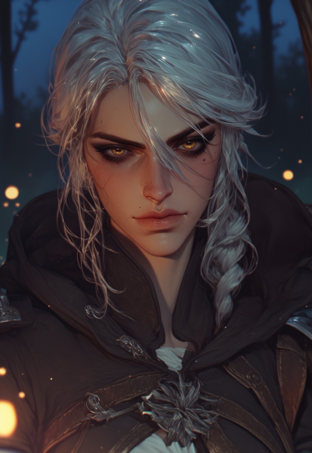 Score_9, score_8_up, score_7_up, score_6_up, Ciri /The Witcher/, silver hair, white hair, bangs, braid, hair between eyes, hood, mole under eye, eye reflection, yellow eyes, red eyes, makeup, closed mouth, lonely, Hyperrealism, Impressionism, high detail, cinematic lighting, ray tracing, reflection light, drop shadow, bokeh, Nikon, masterpiece, super detail, high details, high quality, 4K, In the forest at night, campfire, sitting, night, upper body, semi-realism