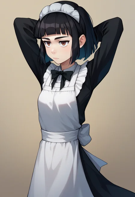score_9, score_8_up, score_7_up, 1girl, solo, Abbey, black hair, brown eyes, bob cut, hairband, black bow, black dress, white apron, long sleeves, arms behind head, closed mouth, <lora:Abbey 7_1-000013:1>