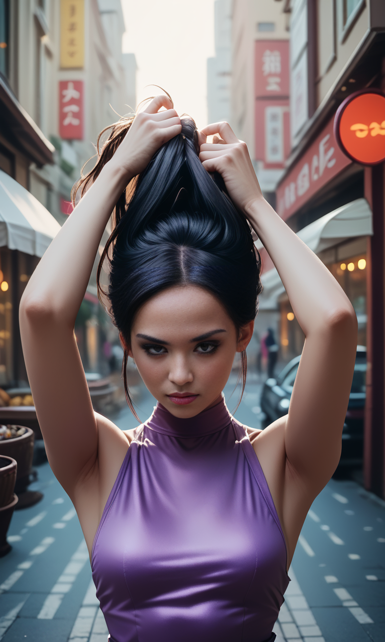 score_9, score_8_up, score_7_up, score_6_up, (front view)+++ , slim girl in street cafe, holds hair  , purple short dress  , long dark hair   <lora:MakePonytailPony-000005:1>