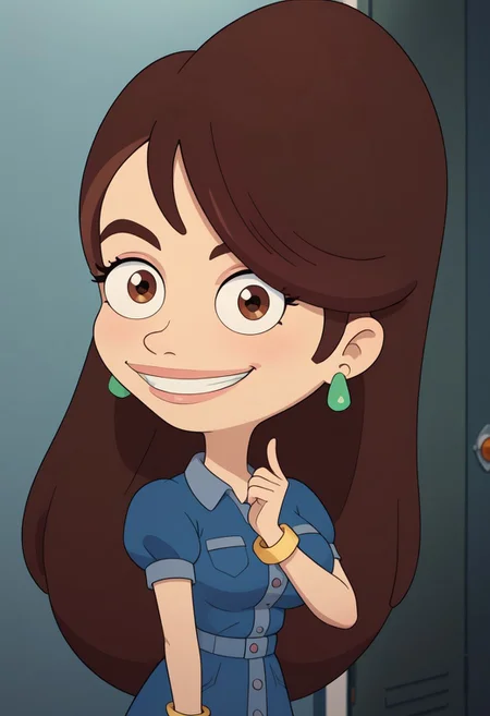((bedroom background)),score_9, score_8_up, score_7_up,score_6_up,
1girl, Solo, Devin_BM, light skin, brown eyes, reddish brown hair, reddish brown eyebrows, long hair, green oval-shaped earrings, golden bracelets, golden ring, blue denim dress with buttons, brown lace-up ankle boots, big eyes, medium stature, social smile, sexy face, close-up, face photo, perfect eyes, perfect smile, looking at the viewer, big breasts