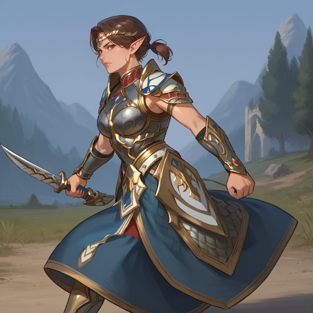 score_9, score_8_up, score_7_up, rating_safe,
brown hair, short ponytail, circlet, armor,
elf, mature woman, looking at viewer, holding a short sword, battle pose,
<lora:HEPRINCESS:0.8>