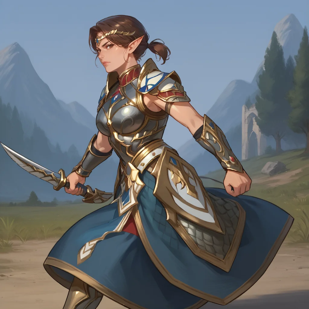 score_9, score_8_up, score_7_up, rating_safe,
brown hair, short ponytail, circlet, armor,
elf, mature woman, looking at viewer, holding a short sword, battle pose,
<lora:HEPRINCESS:0.8>