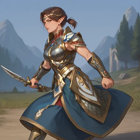 score_9, score_8_up, score_7_up, rating_safe,
brown hair, short ponytail, circlet, armor,
elf, mature woman, looking at viewer, holding a short sword, battle pose,
<lora:HEPRINCESS:0.8>