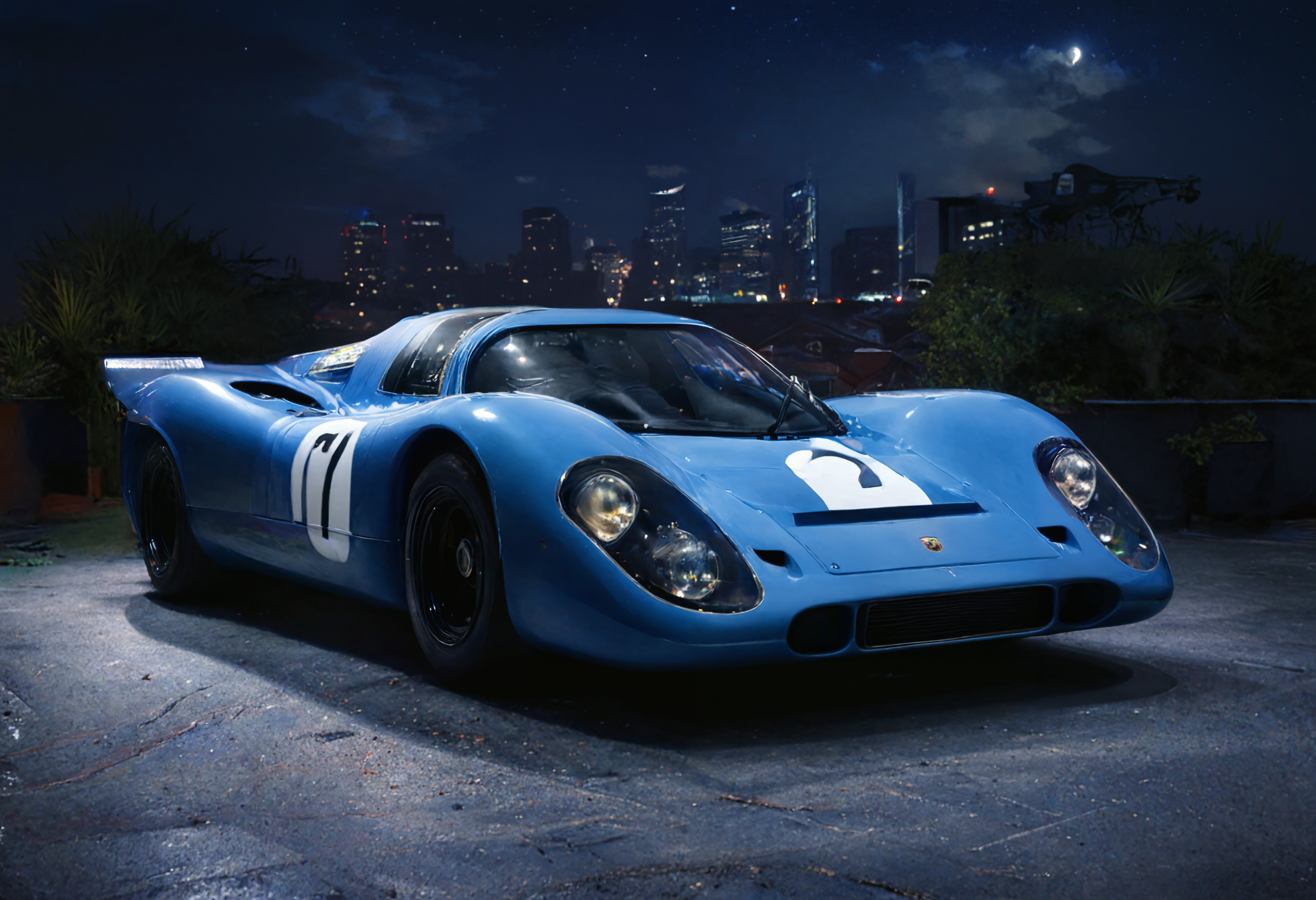 a photograph of a porsche 917, l960sm1deng1ne, Night time, starry sky, Cobalt Blue,  front 3/4 view, A sunlit balcony overlooking a bustling city., dark, low-key,   low color saturation, concept art, perfect composition, masterpiece, professional photography, zeiss lens, shot on dslr 64 megapixels, sharp focus, intricately detailed, dramatic, tilt shift, f/32,