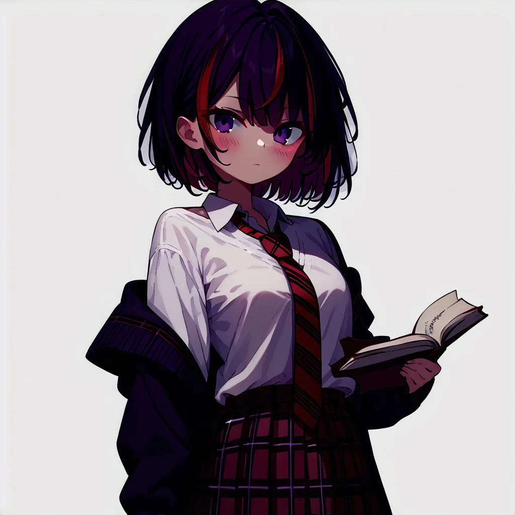 score_9, score_8_up, score_7_up, alicia, original costume, 1girl, purple_eyes, blush, plaid, necktie, skirt, black_hair, multicolored_hair, holding_book, short_hair, looking_at_viewer, red_hair, shirt, streaked_hair, red_necktie, plaid_skirt, red_skirt, plaid_necktie, white_shirt, cardigan, pleated_skirt, off_shoulder, long_sleeves, school_uniform