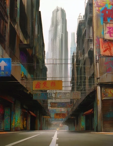 masterpiece, best quality, newest, absurdres, highres, very awa, <lora:Cityscape-style-noobai-10-vpred:1.0>, <lora:NOOB_vp1_detailer_by_volnovik_v1:0.35>, scenery, bridge, city, building, billboard, traditional media, road, sign, cityscape, graffiti, street, skyscraper, road sign, tokyo \(city\), anime screencap,