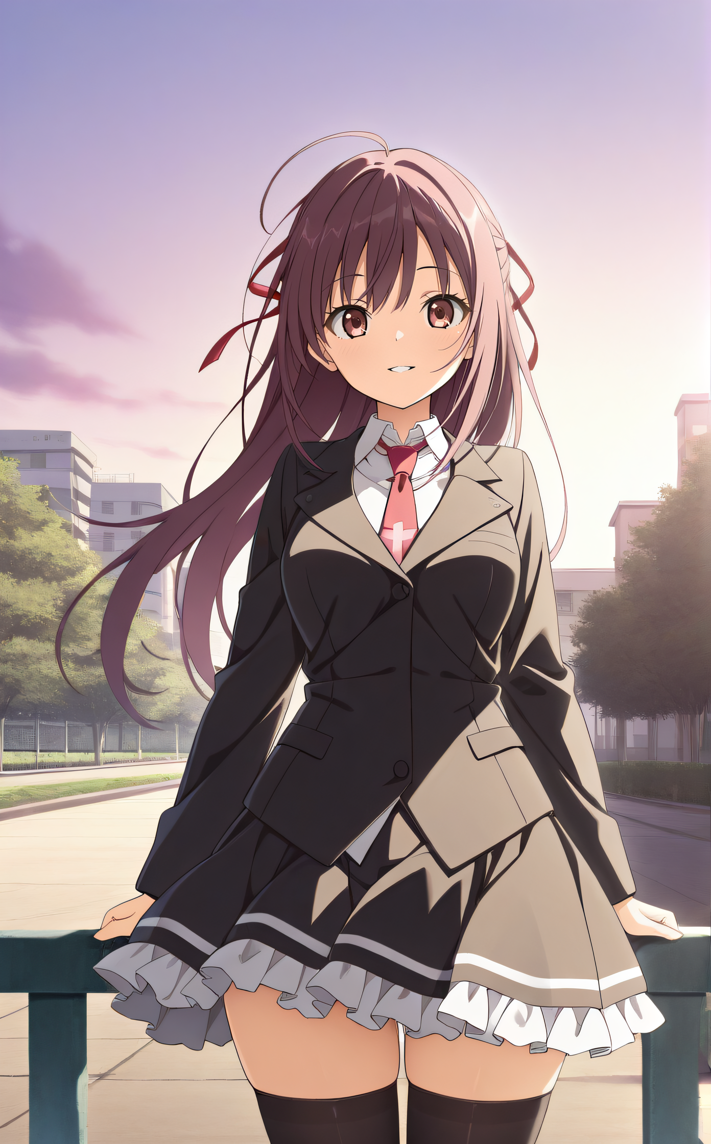 masterpiece, best quality, highres, scenery, newest, 1girl, solo, official style, <lora:Misakura_Rin:1>, misakurarin, ahoge, red_ribbon, school uniform, black blazer, white shirt, red necktie, black frilled skirt, black thighhighs, looking at viewer, smile, outdoor, cowboy shot, parted lips