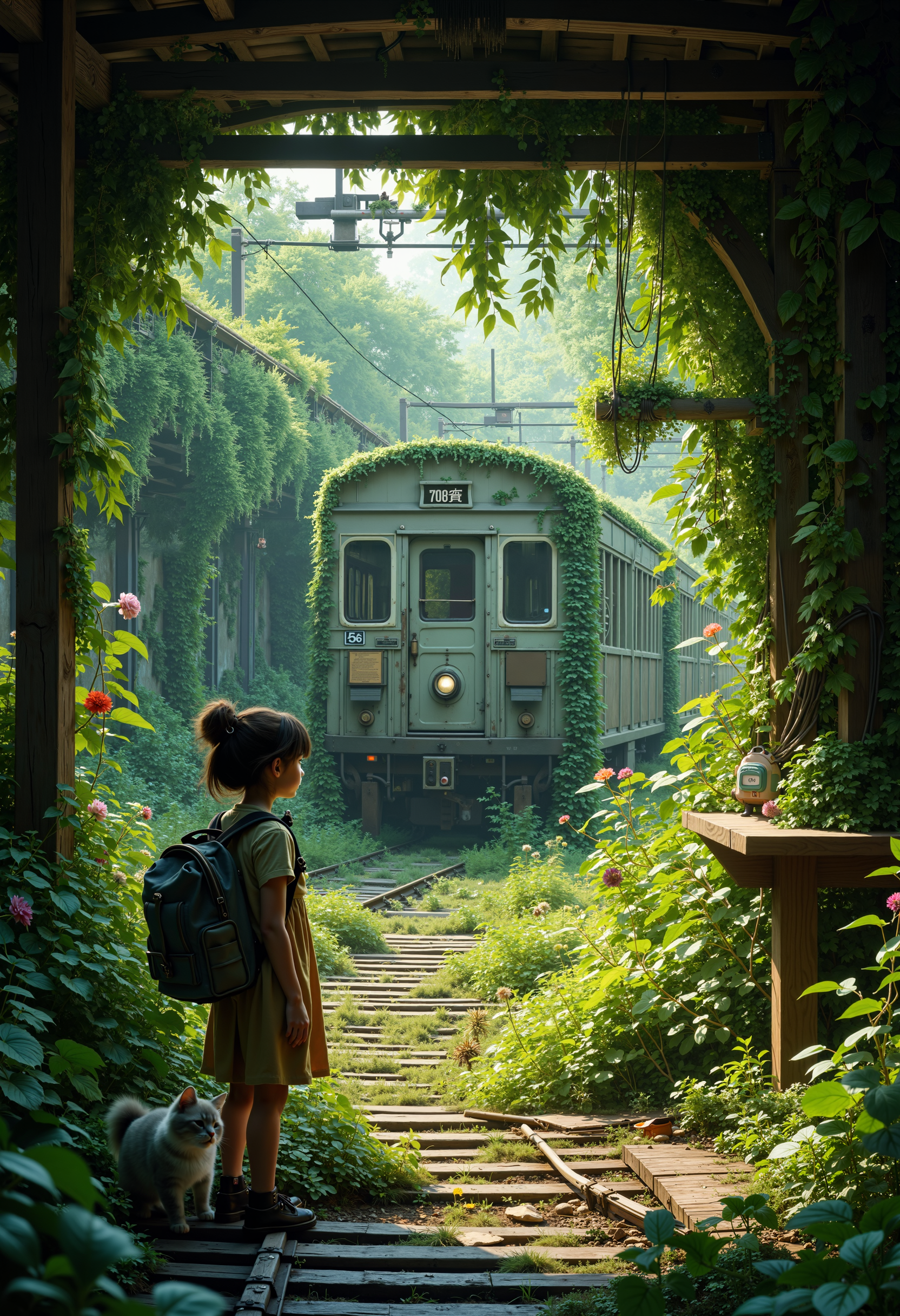 bo-naturepunk, naturecyberpunk, greenpunk, A young girl standing at an overgrown train station, surrounded by lush greenery and vibrant foliage, creating a serene and enchanting atmosphere. The scene captures the beauty of nature reclaiming an abandoned space, with wild plants and flowers spilling over the old wooden platform and surrounding the railway tracks. The girl, wearing a simple dress and a backpack, has a look of curiosity and wonder, accompanied by a small, fluffy cat by her side. The light filtering through the leaves creates a dappled effect on the ground, enhancing the magical feel of the scene. Soft, muted colors dominate, with various shades of green, hints of warm earth tones, and delicate touches of floral colors. The overall aesthetic is hyperrealistic, emphasizing intricate details in both the girl's attire and the surrounding vegetation, evoking a sense of nostalgia and tranquility. A vintage train can be seen in the background, partially obscured by the greenery, adding to the allure of the forgotten place.<lora:FLUX Naturepunk\bo-naturepunk-000012.safetensors:1.0:1.0>