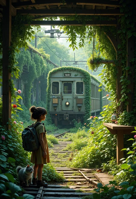 bo-naturepunk, naturecyberpunk, greenpunk, A young girl standing at an overgrown train station, surrounded by lush greenery and vibrant foliage, creating a serene and enchanting atmosphere. The scene captures the beauty of nature reclaiming an abandoned space, with wild plants and flowers spilling over the old wooden platform and surrounding the railway tracks. The girl, wearing a simple dress and a backpack, has a look of curiosity and wonder, accompanied by a small, fluffy cat by her side. The light filtering through the leaves creates a dappled effect on the ground, enhancing the magical feel of the scene. Soft, muted colors dominate, with various shades of green, hints of warm earth tones, and delicate touches of floral colors. The overall aesthetic is hyperrealistic, emphasizing intricate details in both the girl's attire and the surrounding vegetation, evoking a sense of nostalgia and tranquility. A vintage train can be seen in the background, partially obscured by the greenery, adding to the allure of the forgotten place.<lora:FLUX Naturepunk\bo-naturepunk-000012.safetensors:1.0:1.0>