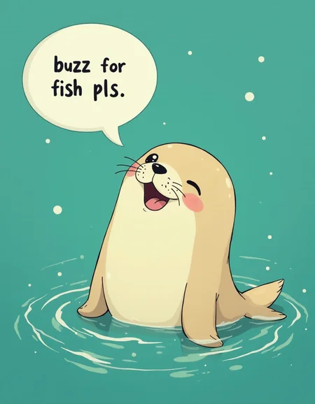 cute seal speech bubble that says " buzz for fish pls " ,, (Studio ghibli style, Art by Hayao Miyazaki:1.2), Anime Style, Manga Style, Hand drawn, cinematic, Sharp focus, humorous illustration, big depth of field, Masterpiece, concept art, trending on artstation, Vivid colors, Simplified style, trending on ArtStation, trending on CGSociety, Intricate, Vibrant colors, Soft Shading, Simplistic Features, Sharp Angles, Playful