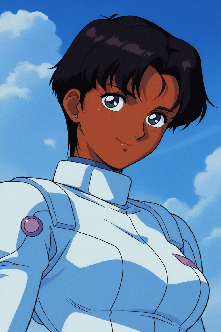masterpiece, best quality, source_anime,official art,perfect_anatomy,1990s_\(style\),retro_artstyle,1girl,marbet_fingerhat,black hair,short hair,dark skin,pilot suit,(beautiful detailed face,looking_at_viewer,smile),upper body,day,blue_sky,cloud