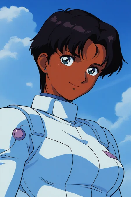 masterpiece, best quality, source_anime,official art,perfect_anatomy,1990s_\(style\),retro_artstyle,1girl,marbet_fingerhat,black hair,short hair,dark skin,pilot suit,(beautiful detailed face,looking_at_viewer,smile),upper body,day,blue_sky,cloud