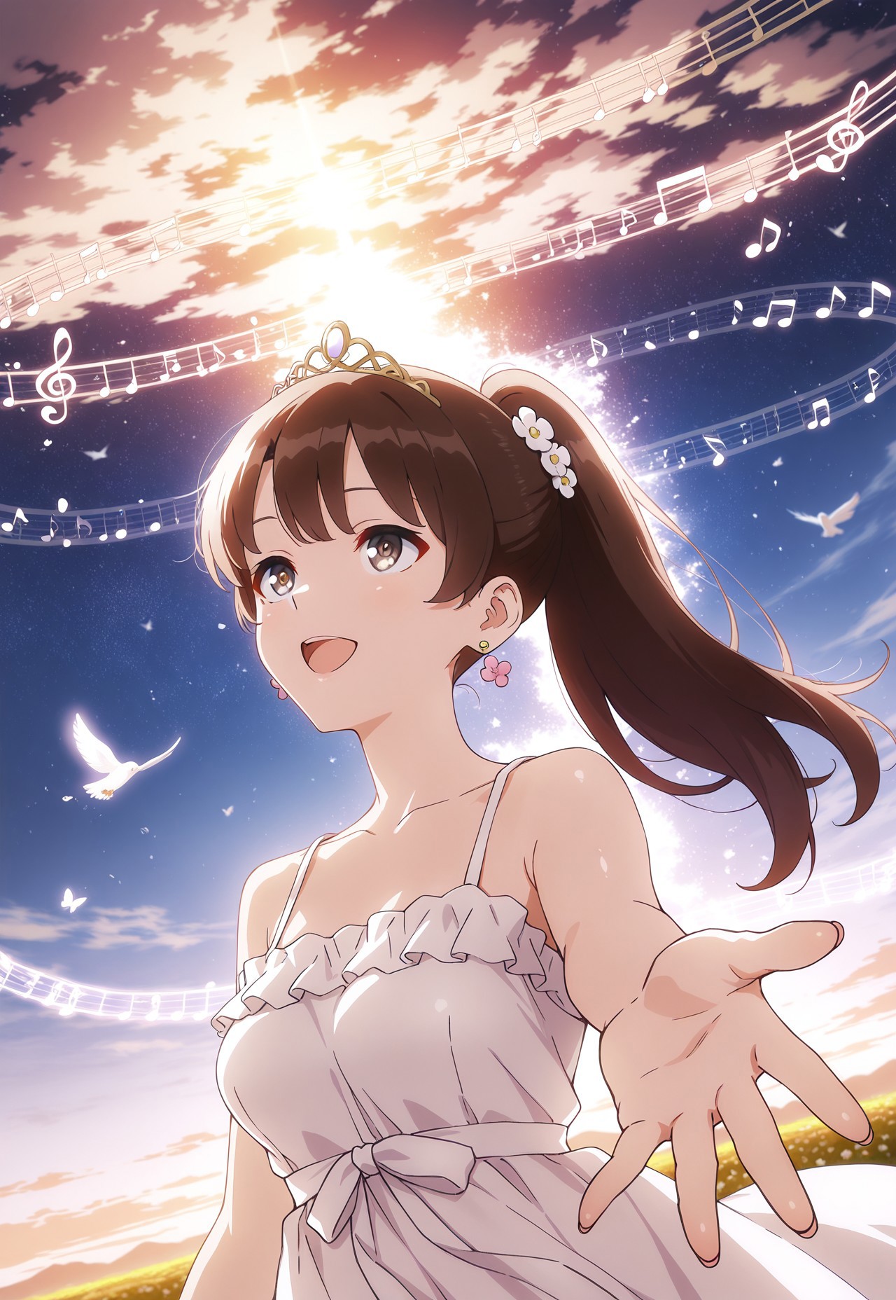 (masterpiece, best quality), amazing quality, very aesthetic, absurdres, highres, newest, HDR, 8K,  chiaroscuro, impasto, intrinsic light, luster, shiny color, strong coloring, masterful shading,
1girl, m3gum1kat0, bangs, brown hair,pupils,brown eyes, long hair, ponytail, upper body, flower hair, hair ornament, earring, tiara, spring dress, sky, side viewer, happy, look up, musical note, music effect, energy, spring theme, outdoors, bird, fly, butterfly, flower, singing, reaching towards viewer, foreshortening, perspective, dutch angle, detail background, Starry sky in the evening, ((detailed eyes))