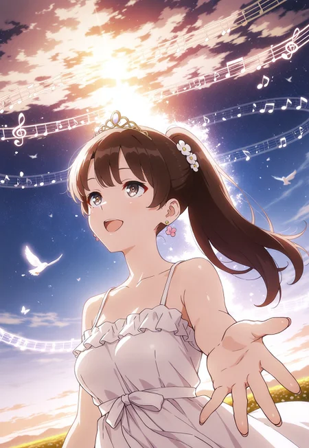 (masterpiece, best quality), amazing quality, very aesthetic, absurdres, highres, newest, HDR, 8K,  chiaroscuro, impasto, intrinsic light, luster, shiny color, strong coloring, masterful shading,
1girl, m3gum1kat0, bangs, brown hair,pupils,brown eyes, long hair, ponytail, upper body, flower hair, hair ornament, earring, tiara, spring dress, sky, side viewer, happy, look up, musical note, music effect, energy, spring theme, outdoors, bird, fly, butterfly, flower, singing, reaching towards viewer, foreshortening, perspective, dutch angle, detail background, Starry sky in the evening, ((detailed eyes))