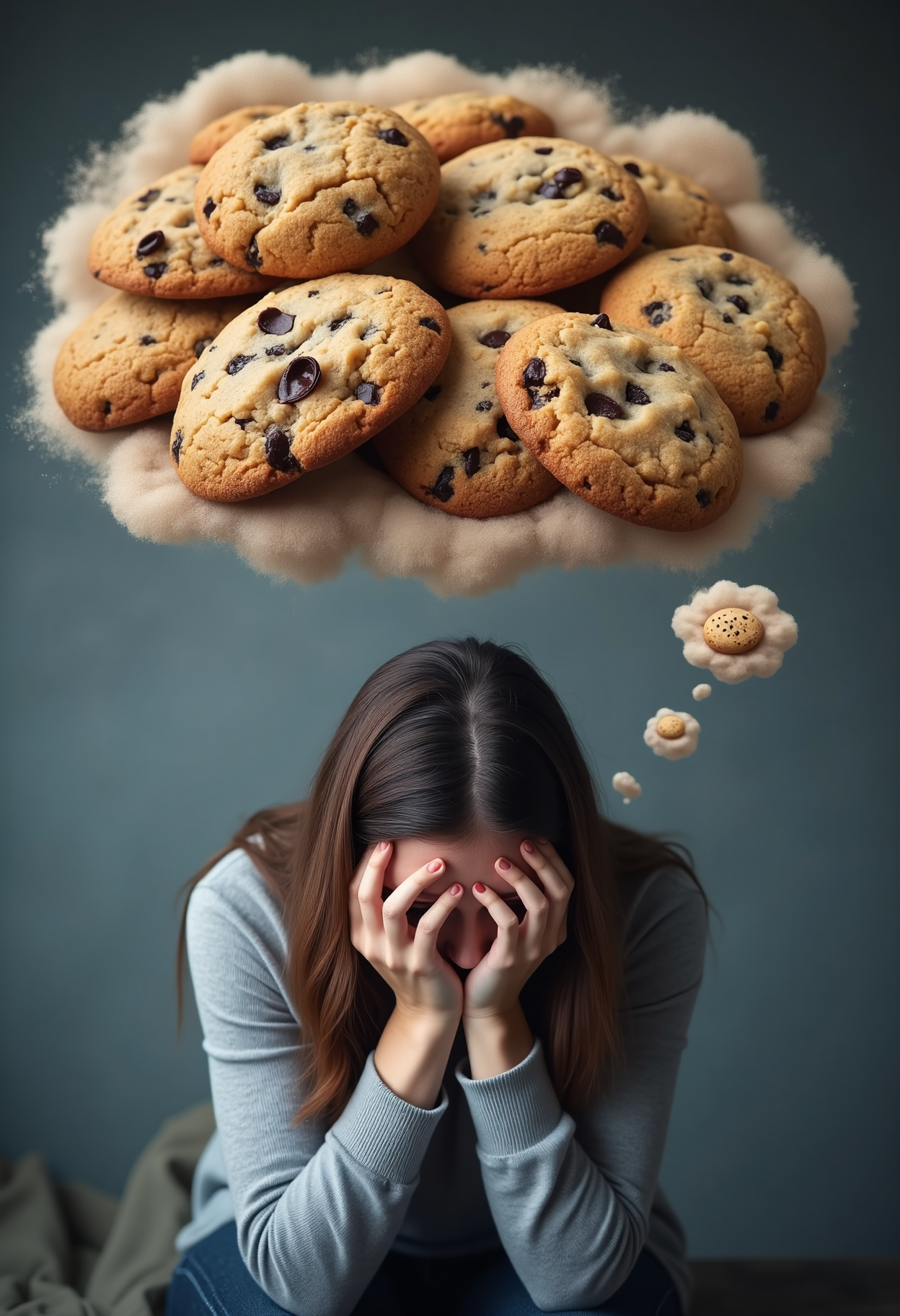 A sad woman sits with her head in her hands, her shoulders slumped in despair. Above her, thought bubbles filled with warm, freshly baked cookies float dreamily, their golden-brown texture and gooey chocolate chips almost tangible. The contrast between her sorrowful posture and the comforting, sweet memories in the thought bubbles creates a poignant image, highlighting her longing for simple joys in a moment of sadness <lora:Dever_Flux_Enhancer:0.5>