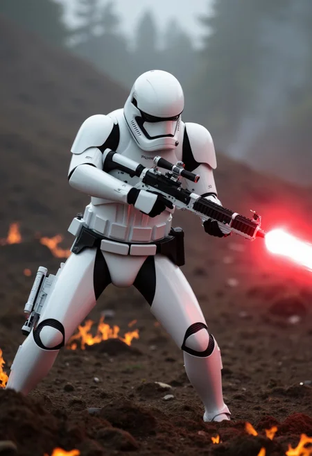foarmy, solo, first order stormtrooper engaging in combat, shooting red laser
