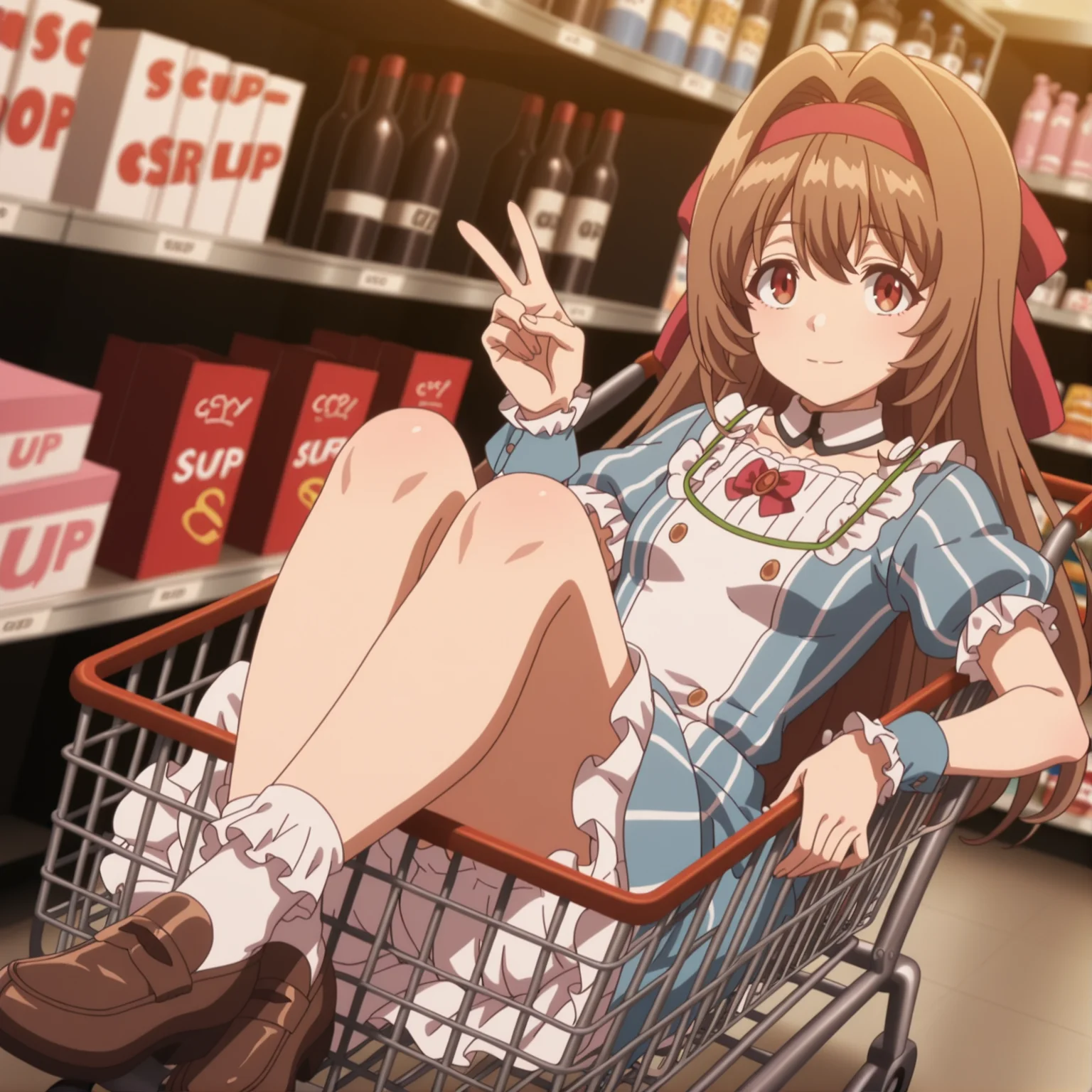 masterpiece, best quality, score_9up, score_8_up, score_7_up, Amazing quality, Absurdes, Newest, fine details,small breasts redo-keara, red eyes, brown eyes, long hair, red hairband brown hair, hair intakes, kbase, anime screen cap, keara-dress, headband, puffy sleeves, striped, short sleeves, dress, ribbon, bow, wrist cuffs, brown loafers, white frilled socks, in shopping cart, dutch angle, indoors, japanese convenience store, crossed ankles, dull body shot, soft smile, peace sign, looking at viewer
<lora:redo-keara_keyaru_mtf:1> <lora:LoRAInShoppingCartNoobAIXLvPred:1>