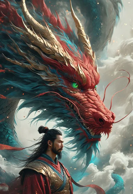 minimalism style, WLOP art style, a character worrior , facial muscles, eye light, dragon behind, cinematic foootage, fantasy, intricate details,8k post production,dark red gold tone blue white green