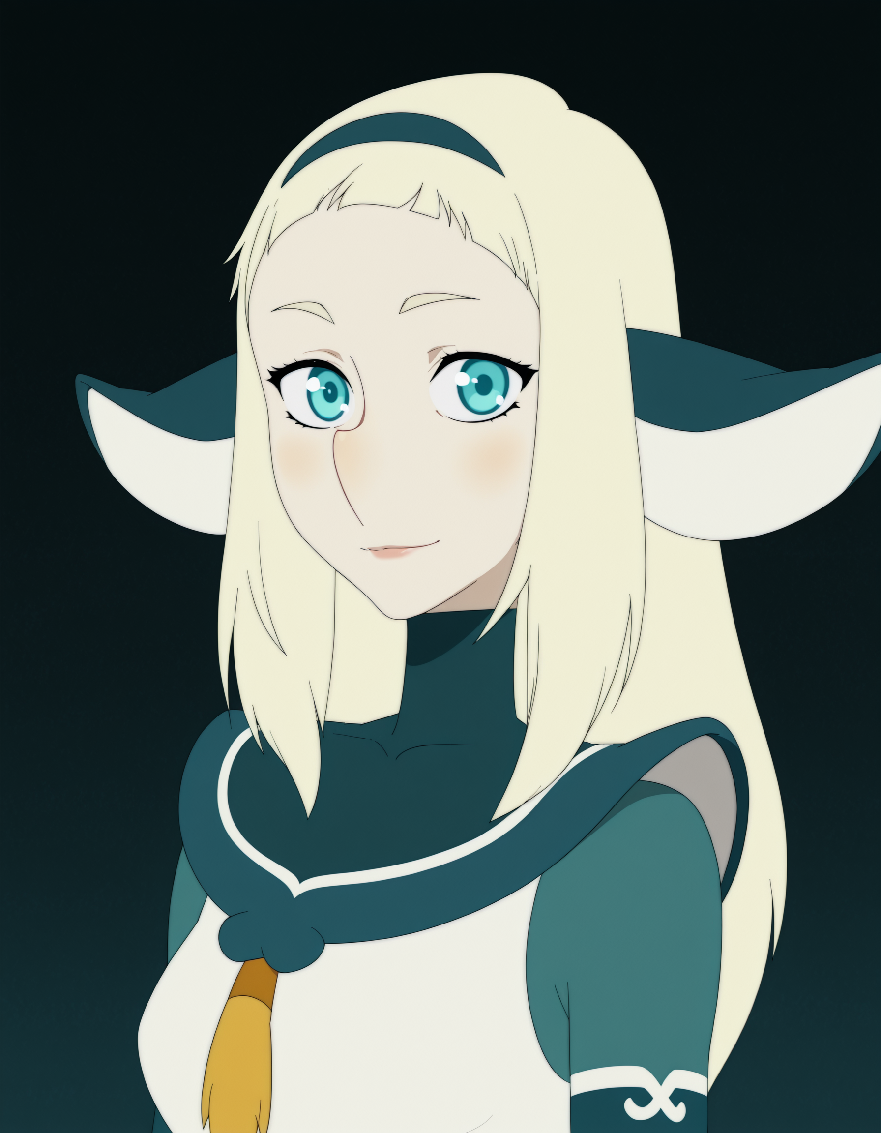 bakara, 1girl, white hair, long hair, solo, animal ears, aqua eyes, bodysuit, hairband, upper body, portrait, light smile,looking at viewer, simple background,   <lora:BakaraJurgenIllustrious1.0JLFO:1>