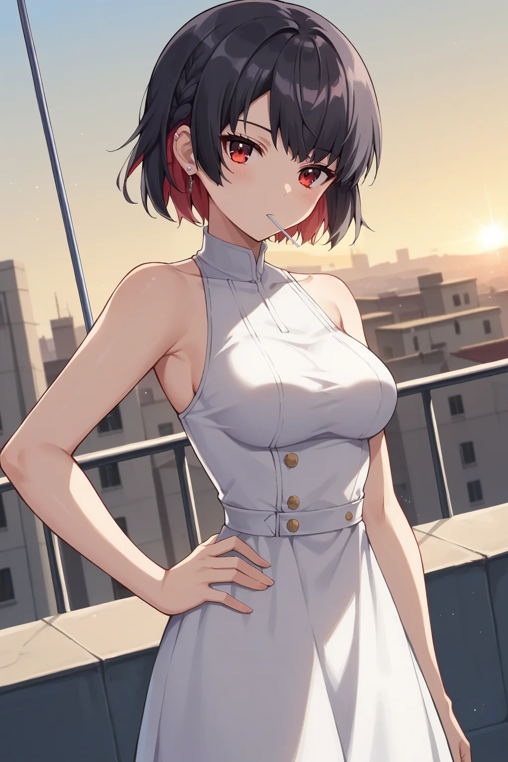 score_9, score_8_up, score_7_up, source_anime, 1girl, prefect lighting, very aesthetic, intricate details, highly detailed background, masterpiece, high quality, prefect hands, best quality, solo,
<lora:Ellen_Joe_ZZZ_V1:.85>, KJOellen, short hair, multicolored hair, black hair, red eyes, ear piercing,
sundress, bare shoulders, lollipop stick in mouth,
cowboy shot, dutch angle, hand on own hip, head tilt, expressionless, looking at viewer, blush,
rooftop, dawn,
(Beautiful, medium Breasts:1.2), natural breasts,