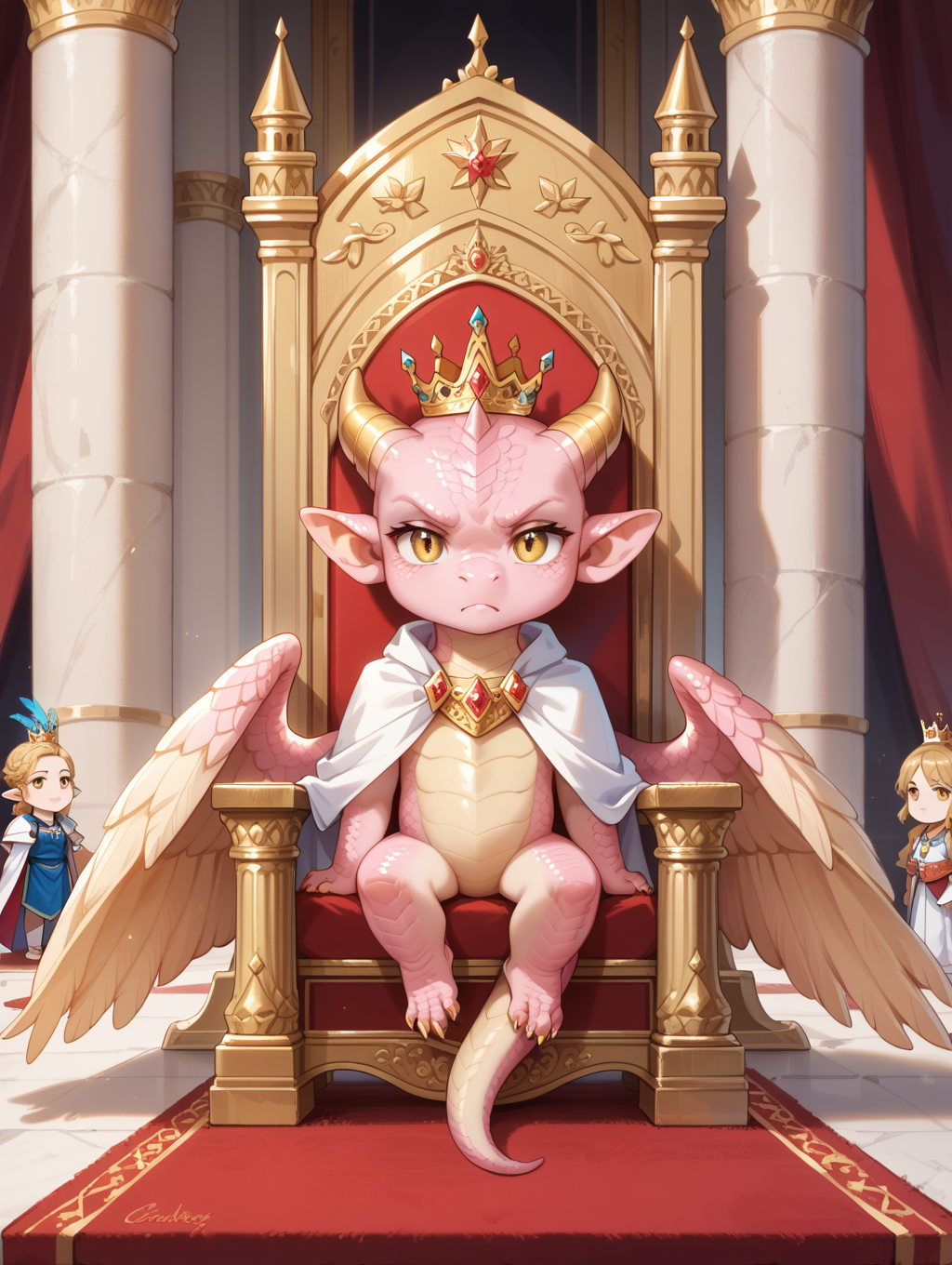 score_9, score_8_up, score_7_up,
masterpiece, best quality,
palace, throne, red carpet cheeb_drg, chibi, pink scales, (gold underscales:1.1), dragon, sitting, serious expression, white cape, yellow eyes, crown, facing viewer, (feathered wings:1.1), wings, (feathers:1.1) beautiful background, detailed scenery