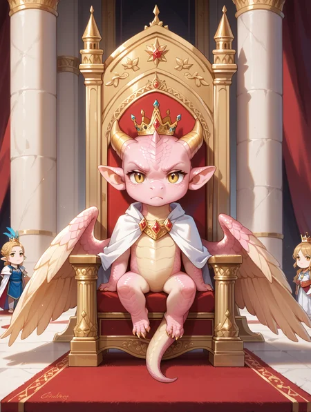 score_9, score_8_up, score_7_up,
masterpiece, best quality,
palace, throne, red carpet cheeb_drg, chibi, pink scales, (gold underscales:1.1), dragon, sitting, serious expression, white cape, yellow eyes, crown, facing viewer, (feathered wings:1.1), wings, (feathers:1.1) beautiful background, detailed scenery
