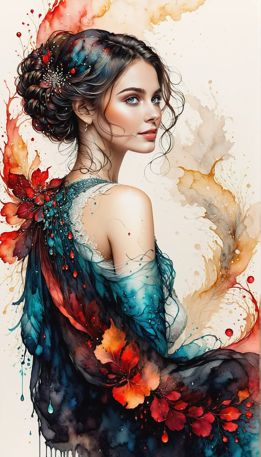 (vibrant Alcohol ink art) , line art drawing , a beautiful charming nobel woman. [[smile]].  wearing an exquisite dress, artistic pose, (her silhouette outlined with glowing red).  (style of  Victo Ngai:1). (her silhouette contoured with glowing red). 
professional, sleek, modern, minimalist, graphic, line art, vector graphics, black and white drawing, graphite drawing. Fluid and vibrant colors, unpredictable patterns, organic textures, translucent layers, abstract compositions, ethereal and dreamy effects, free-flowing movement, expressive brushstrokes, contemporary aesthetic, wet textured paper. award-winning, professional, highly detailed . extremely high-resolution details, photographic, realism pushed to extreme, fine texture, incredibly lifelike
 <lora:InkArtXL_1.2:0.4>  <lora:FaeTastic:0.4>    <lora:SDXLInkStains:0.8>