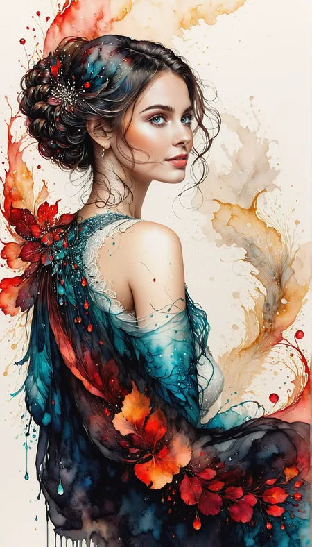 (vibrant Alcohol ink art) , line art drawing , a beautiful charming nobel woman. [[smile]].  wearing an exquisite dress, artistic pose, (her silhouette outlined with glowing red).  (style of  Victo Ngai:1). (her silhouette contoured with glowing red). 
professional, sleek, modern, minimalist, graphic, line art, vector graphics, black and white drawing, graphite drawing. Fluid and vibrant colors, unpredictable patterns, organic textures, translucent layers, abstract compositions, ethereal and dreamy effects, free-flowing movement, expressive brushstrokes, contemporary aesthetic, wet textured paper. award-winning, professional, highly detailed . extremely high-resolution details, photographic, realism pushed to extreme, fine texture, incredibly lifelike
 <lora:InkArtXL_1.2:0.4>  <lora:FaeTastic:0.4>    <lora:SDXLInkStains:0.8>