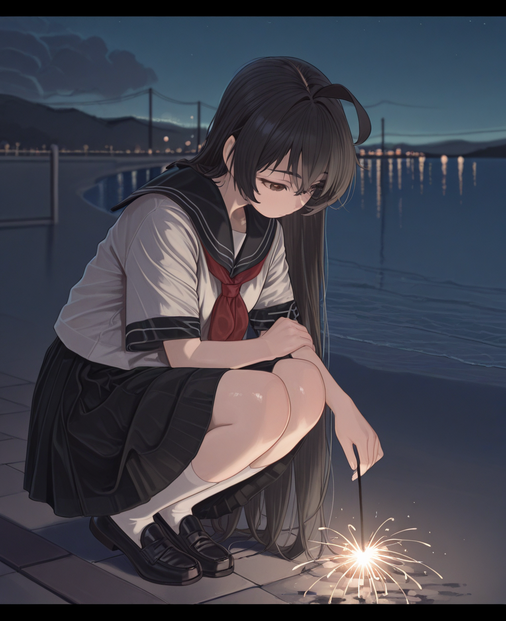 <lora:naruto05:1> naruto05,
(masterpiece), (best quality), (ultra-detailed), amazing quality, very aesthetic, illustration, perfect composition, intricate details, absurdres, incredibly absurdres, shiny skin, realistic,
 naruto05, 1girl, solo, sparkler, school uniform, fireworks, skirt,  fireworks, loafers, long hair, socks, shoes, squatting, serafuku, letterboxed, black hair, black skirt, pleated skirt, black footwear, outdoors, sailor collar, white shirt, shirt, short sleeves, white socks, black sailor collar, red neckerchief, kneehighs, ahoge, night, sky, , neckerchief, general