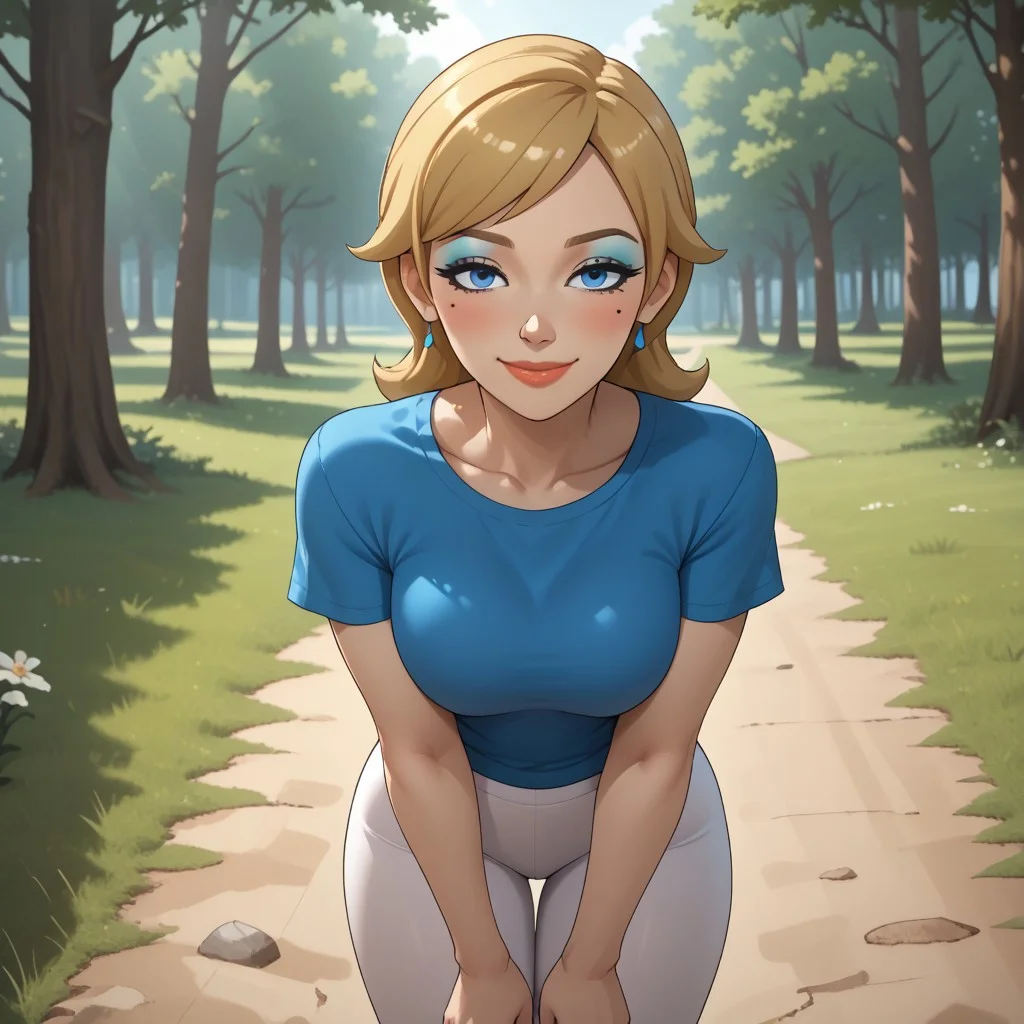 score_9, score_8, BREAK, solo, mii, wii, wii sports resort, 1girl, female mii, attractive, blonde hair, white skin, makeup, blush, blue eyeshadow, blue eyes, small nose, mole under eye, lips, black clothing, shoes, big breasts, white leggings, Alisha_(\Wii_Sports_Resort\), Nintendo Mii, modern_mii, classic_mii, cute, sexy pose, self portrait, smile, outdoors, sunlight, shadows, evening lighting, natural lighting, forest, trees, grass, orange sky, sunset