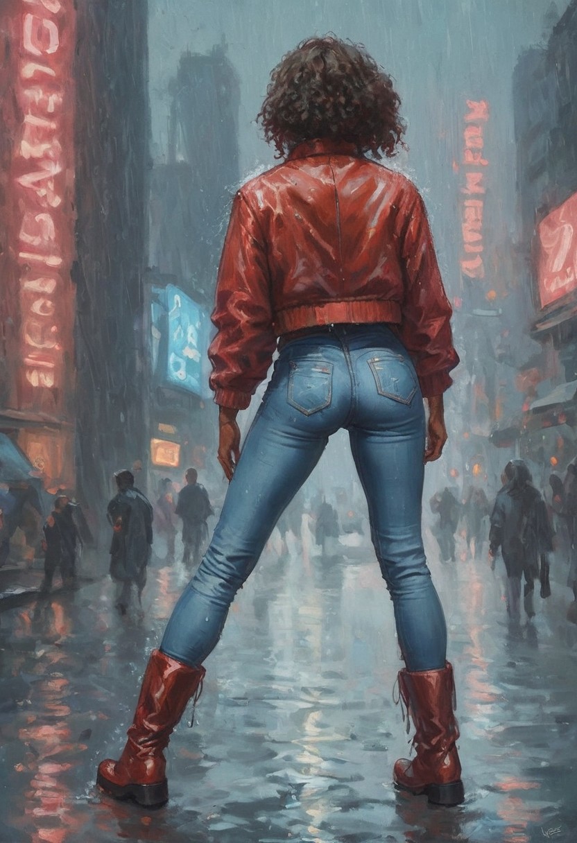 safe_pos, score_9, score_8_up, score_7_up, score_6_up, BREAK
, realistic,s1_dram,   ((((dark skin girl, 1980s, red bomber jacket, perm hair, brown hair, high waisted jeans, sexy, red rain boots, neon city, perm, suggestive stance, wet,  standing, from behind))))


