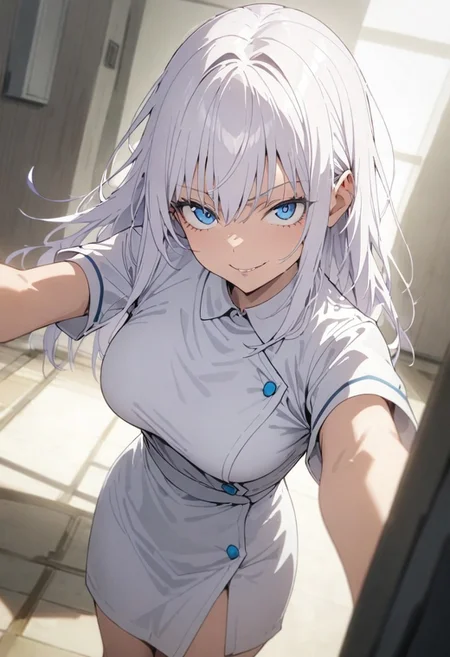score_9, score_8_up, score_7_up, score_6_up, masterpiece, best quality, absurdres, cinematic, dynamic angle, perfect composition, solo, 1girl, medium breast, gojou satoru, blue eyes, white hair, long hair, nurse outfit, smirk, standing, looking at viewer,