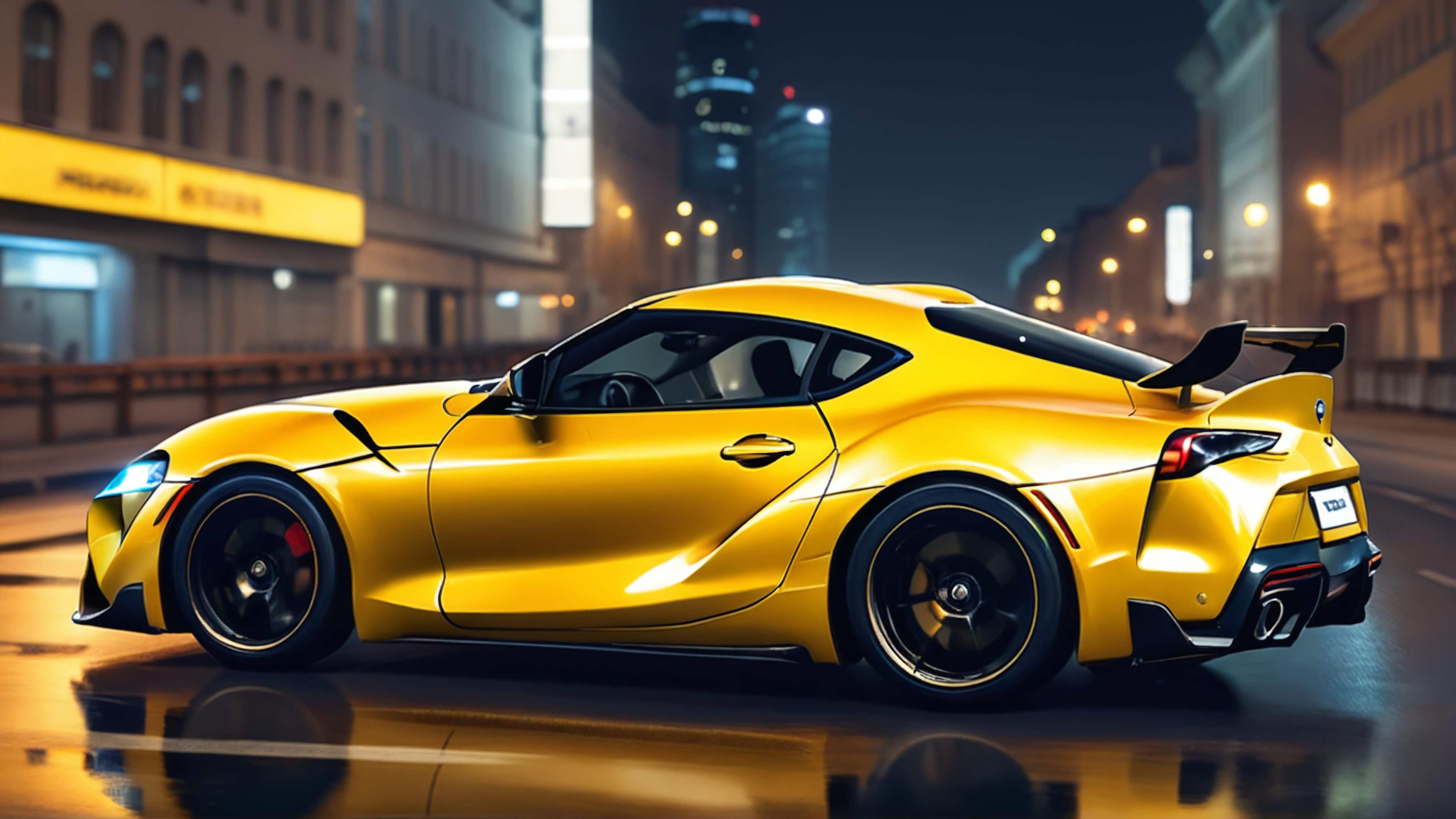 huperrealism,high detailed,best quality,masterpiece,glossy yellow toyota supra 2020 <lora:toyota supra 2020:1.4> driving on road,(back view:1.1),(night moscow night city:1.1),