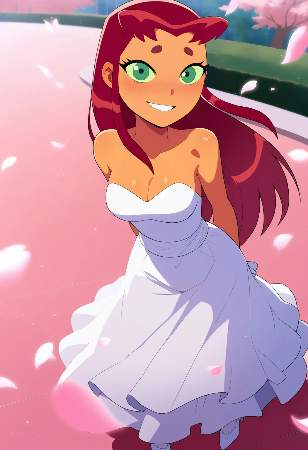 masterpiece, best quality, very aesthetic, absurdres,
1girl, starfire, red hair, long hair, green eyes, orange skin,
white high heels, strapless wedding dress, looking at viewer, blush, smile, petals, cherry trees, solo, japanese park background, <lora:StarfireTTNoobXL_byKonan:1>
