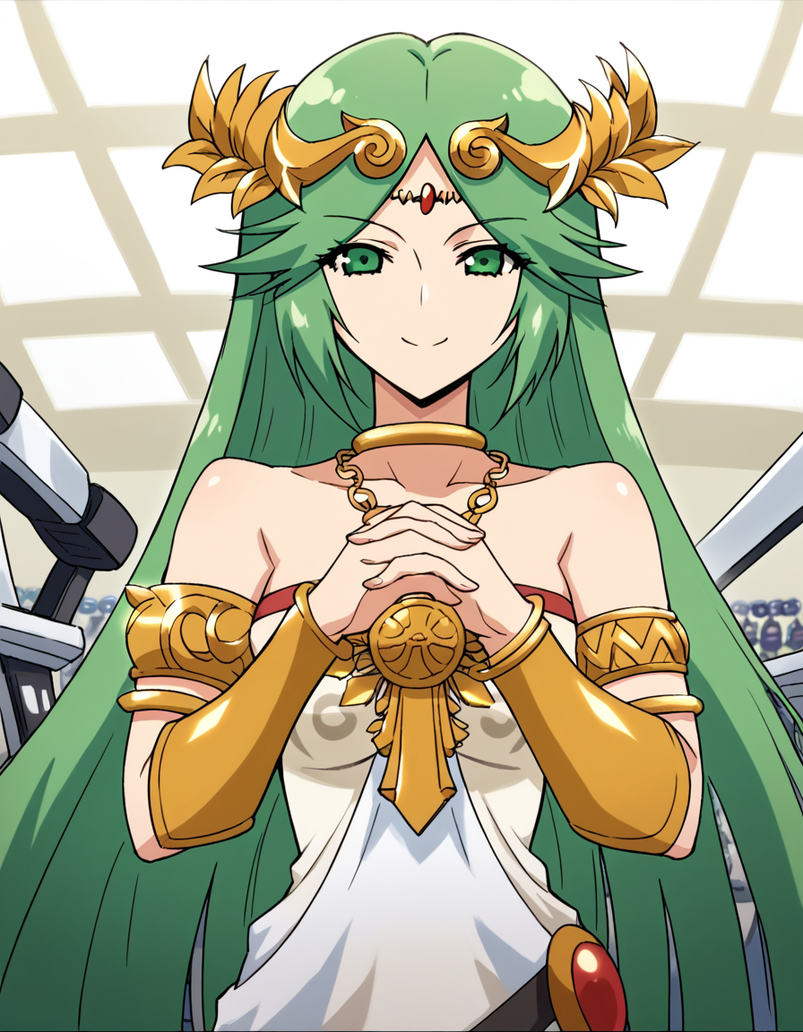 score_9, score_8_up, score_7_up, source_anime, <lora:palutena-trailer-ponyxl-lora-nochekaiser:1>, palutena, long hair, bangs, very long hair, green eyes, green hair, parted bangs,, dress, bare shoulders, jewelry, necklace, white dress, strapless, tiara, strapless dress, armlet, neck ring, gold,, gym, weights, treadmill, mirrors, exercise, smile, <lora:gendou-pose-ponyxl-lora-nochekaiser:1>, gendou pose, own hands clasped, own hands together, parody,, looking at viewer, solo,, dutch angle, cowboy shot