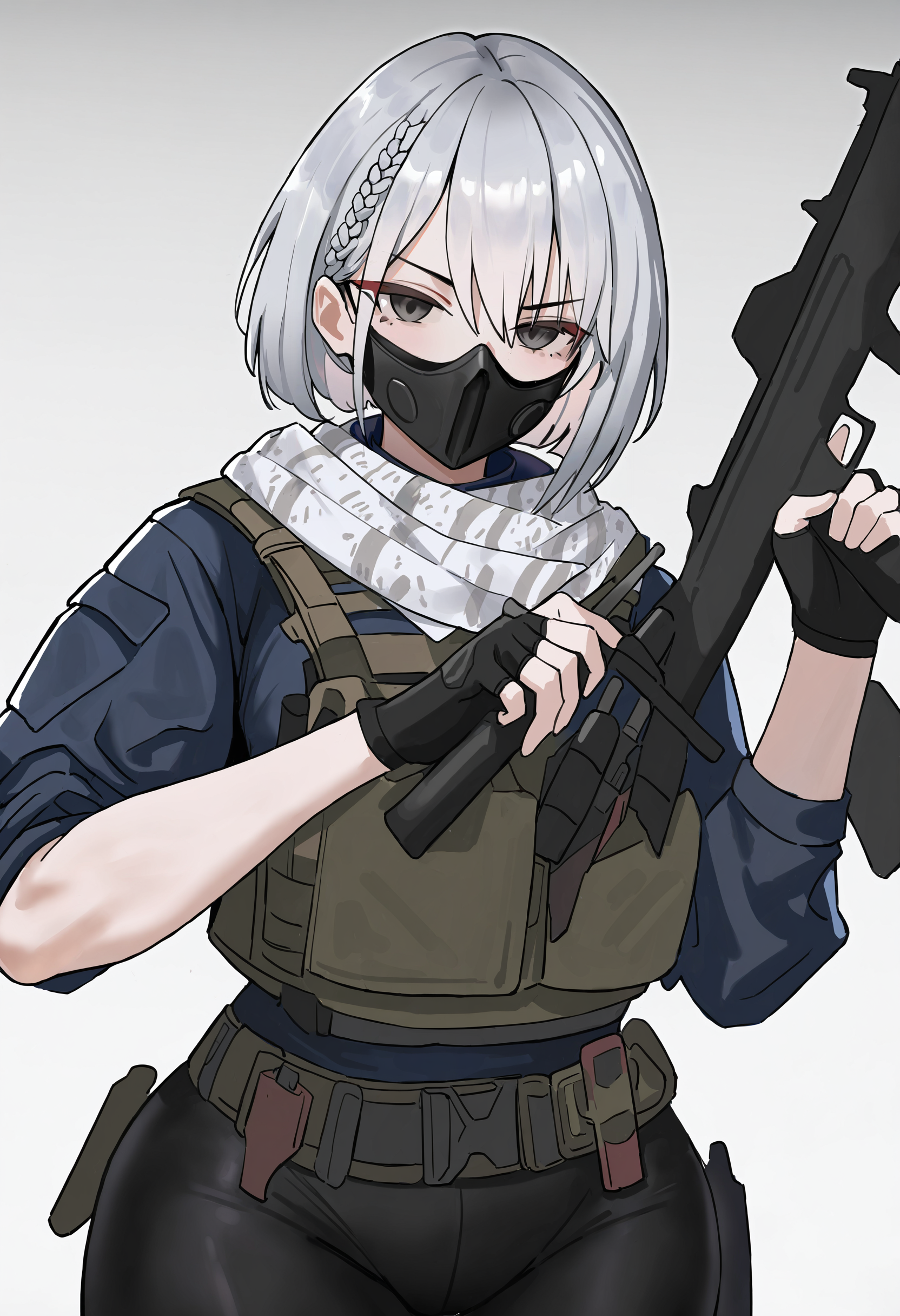 maixiaowen,1girl,fingerless gloves,black eyes,solo,braid,black gloves,grey hair,white scarf,shirt,bulletproof vest,short hair,tactical clothes,hair between eyes,mask,mouth mask,belt,leather pants,
((white background,simple background, )),looking at viewer,cowboy shot,holding weapon,holding gun,
newest,absurdres,highres,masterpiece,best quality,
<lora:maixiaowen_Noob10:1>,