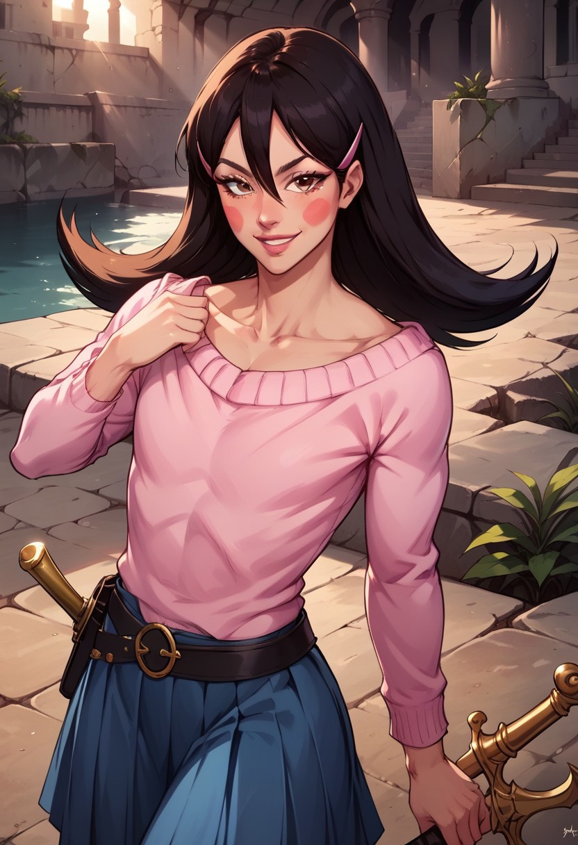 OkamaitachiOPM, 1girl, solo, otoko no ko, black hair, long hair, hair between eyes, hair ornament, hair clip, brown eyes, lips, blush stickers, collarbone, flat chest, boat neck pink sweater, long pleated blue skirt, belt, weapon, sabre, leather stiletto ankle boots,
seductive pose, sexy pose, tease,  in the spotlight,,
smile, ruins,
score_9, score_8_up, score_7_up, beautiful aesthetic, very intricate, high quality details,vibrant, highly detailed, award-winning, professional,anime artwork, anime style, studio anime, athletic, curvy body, athletic, looking at viewer, pinup pose, teasing, dynamic lighting, cinematic, smug, better than you, aura of temptation, highly detailed, high resolution, masterpiece, detailed clothes, detailed background, highly detailed, ((sound effects)) comic layout,