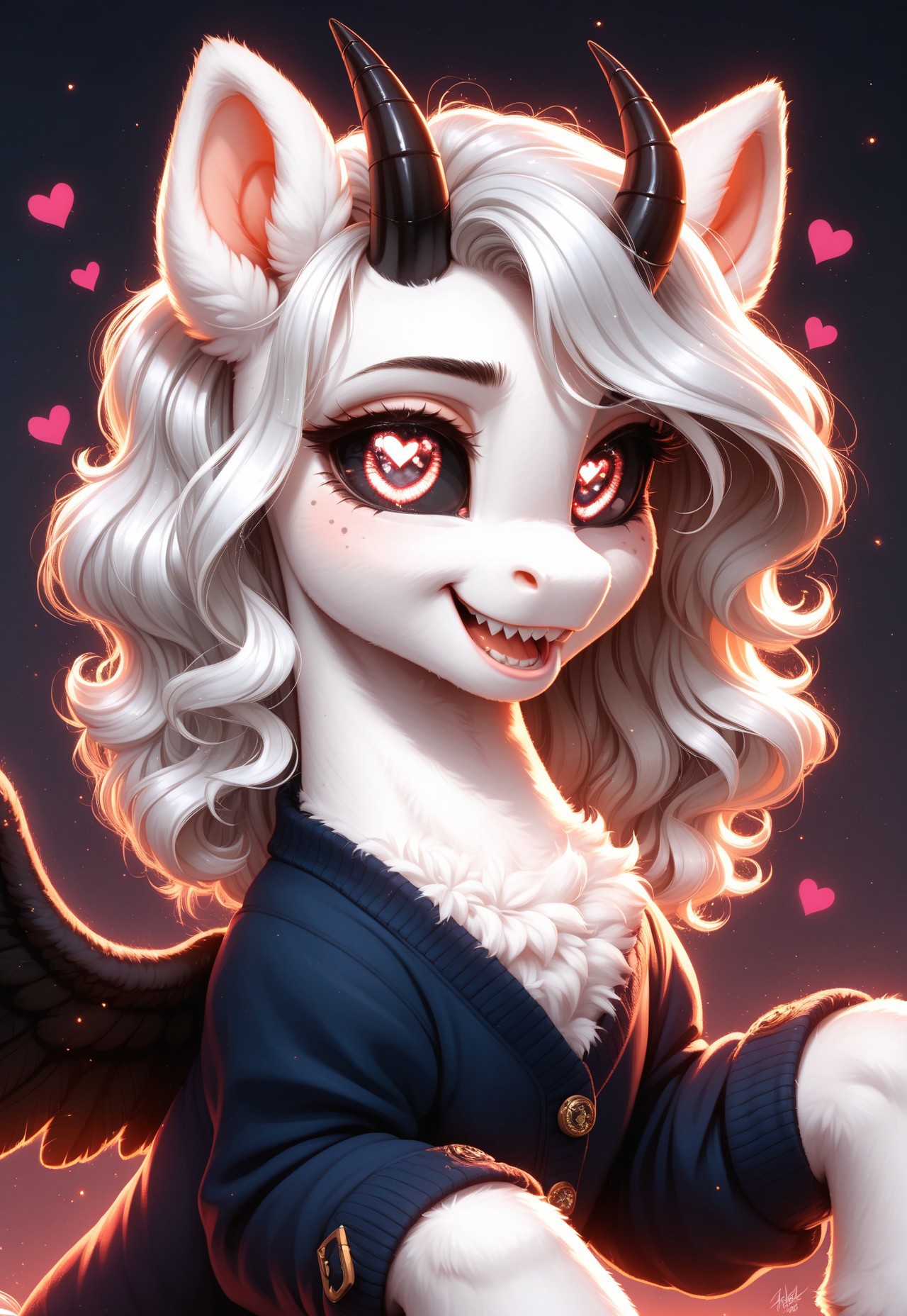 score_9, score_8_up, score_7_up, score_pony, perfect teeth, sharp clicks, zPDXL3, fluffy, masterpiece, best quality, ultra-detailed, 8K UHD, cinematic lighting, hyper realistic shading, volumetric light, high contrast, HDR, depth of field, intricate textures, finely detailed fur 
BREAK
Albina, wild pony, (pony:1.2), white fur, white fluffy hair, black sclera, (glowing white eyes:1.2), black wings, black horns, (sharp cute teeth:1.2), (heart-shaped pupils:1.1), wearing a white button-up cardigan over a gothic undersuit, black ears
 BREAK 
(masterpiece:1.3), (best quality:1.3), (highly detailed:1.3), (ultra-detailed face:1.4), (sharp expressive eyes:1.3), (perfect anatomy:1.2), (realistic lighting:1.2), (dynamic shadows:1.1), (hyper-detailed fur texture:1.4), (soft lighting:1.3), (Unreal Engine 5 render style:1.3), (cinematic depth of field:1.2), (4k resolution), (beautifully color graded:1.1), (smooth shading), (glowing highlights:1.2), (crispy lineart)