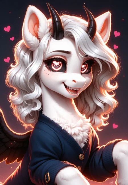 score_9, score_8_up, score_7_up, score_pony, perfect teeth, sharp clicks, zPDXL3, fluffy, masterpiece, best quality, ultra-detailed, 8K UHD, cinematic lighting, hyper realistic shading, volumetric light, high contrast, HDR, depth of field, intricate textures, finely detailed fur
BREAK
Albina, wild pony, (pony:1.2), white fur, white fluffy hair, black sclera, (glowing white eyes:1.2), black wings, black horns, (sharp cute teeth:1.2), (heart-shaped pupils:1.1), wearing a white button-up cardigan over a gothic undersuit, black ears
BREAK
(masterpiece:1.3), (best quality:1.3), (highly detailed:1.3), (ultra-detailed face:1.4), (sharp expressive eyes:1.3), (perfect anatomy:1.2), (realistic lighting:1.2), (dynamic shadows:1.1), (hyper-detailed fur texture:1.4), (soft lighting:1.3), (Unreal Engine 5 render style:1.3), (cinematic depth of field:1.2), (4k resolution), (beautifully color graded:1.1), (smooth shading), (glowing highlights:1.2), (crispy lineart)