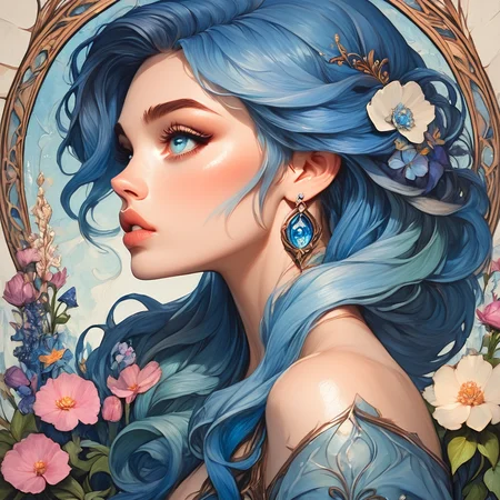 Score_9, score_8_up, score_7_up, score_6_up, BREAK <lora:ArtNouveau2Pony:1> ArsMJStyle, art nouveau,, The image shows a woman with blue hair and flowers in her hair surrounded by a painting of flowers and leaves., 1girl, solo, flower, blue eyes, earrings, jewelry, parted lips, portrait, multicolored hair, blue hair