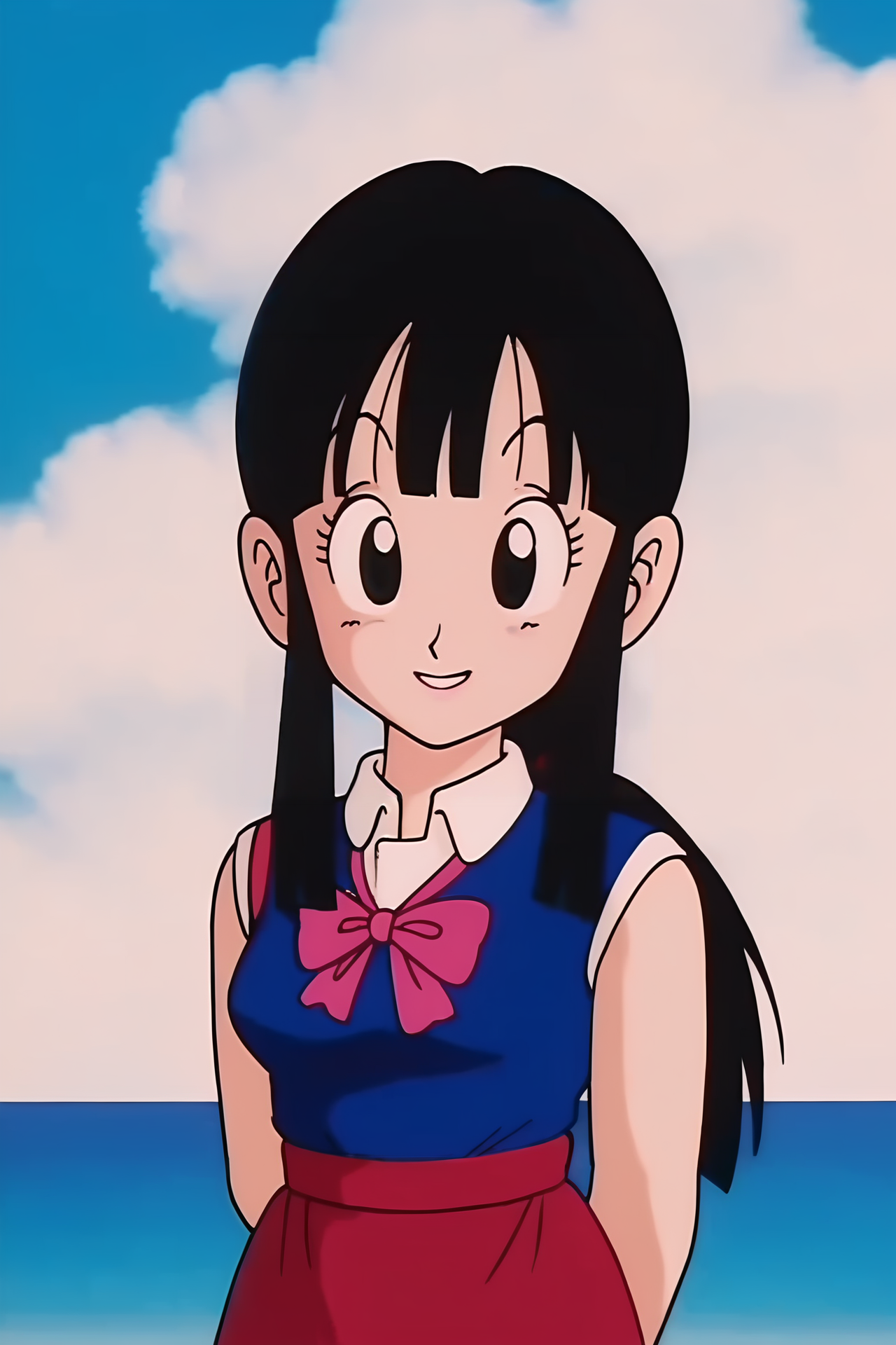source_anime, score_9, score_8_up, score_7_up, anime screencap,8k, absurdres,
chi-chi, (((aged down))), (((female child))), 1girl, solo, long hair, blunt bangs, smile, black hair,  black eyes, 
school uniform, 
upper body, small breasts, outdoors, sky, day, cloud,blue sky, ocean, 1980s \(style\), anime coloring, arm behind back, looking at  viewer, raised eyebrows, retro artstyle, 
 <lora:chichidb_pony_v2:0.8>