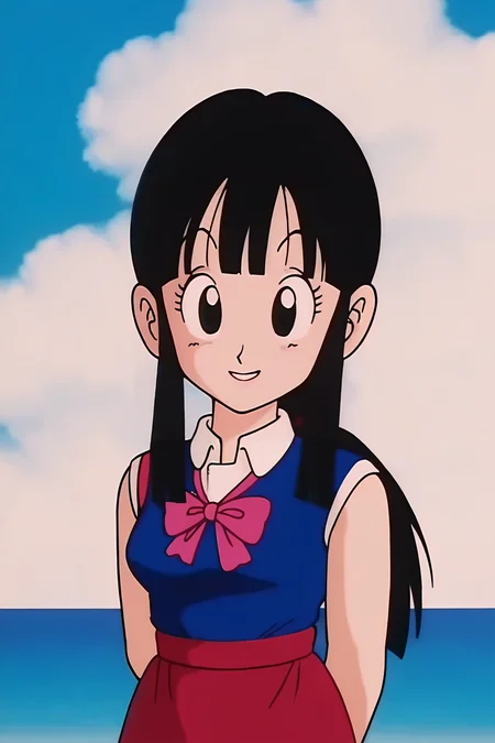 source_anime, score_9, score_8_up, score_7_up, anime screencap,8k, absurdres,
chi-chi, (((aged down))), (((female child))), 1girl, solo, long hair, blunt bangs, smile, black hair, black eyes,
school uniform,
upper body, small breasts, outdoors, sky, day, cloud,blue sky, ocean, 1980s \(style\), anime coloring, arm behind back, looking at viewer, raised eyebrows, retro artstyle,
<lora:chichidb_pony_v2:0.8>