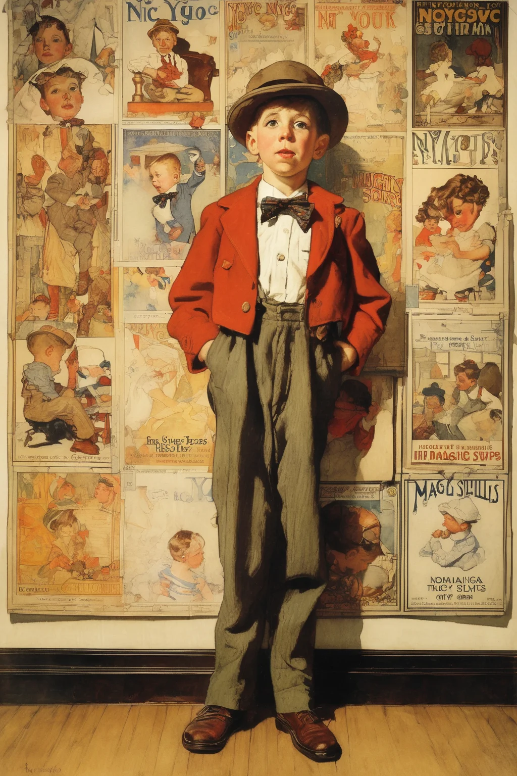 Jessie Willcox Smith Style - Norman Rockwell. A 1920s kid in front of a giant NYC magic shows posters on a NYC wall