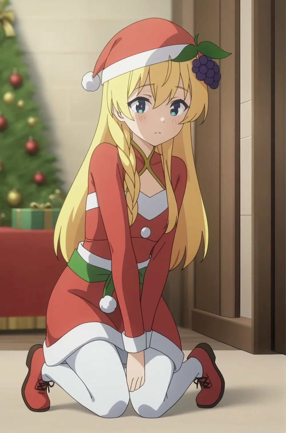 (santa costume), ks-iris, hair ornament, 1girl, solo, skinny, masterpiece, absurdres, high quality, highres, best quality, (full body:1.20), recent <lora:ks-iris-V01:0.8>