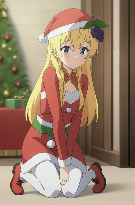 (santa costume), ks-iris, hair ornament, 1girl, solo, skinny, masterpiece, absurdres, high quality, highres, best quality, (full body:1.20), recent <lora:ks-iris-V01:0.8>