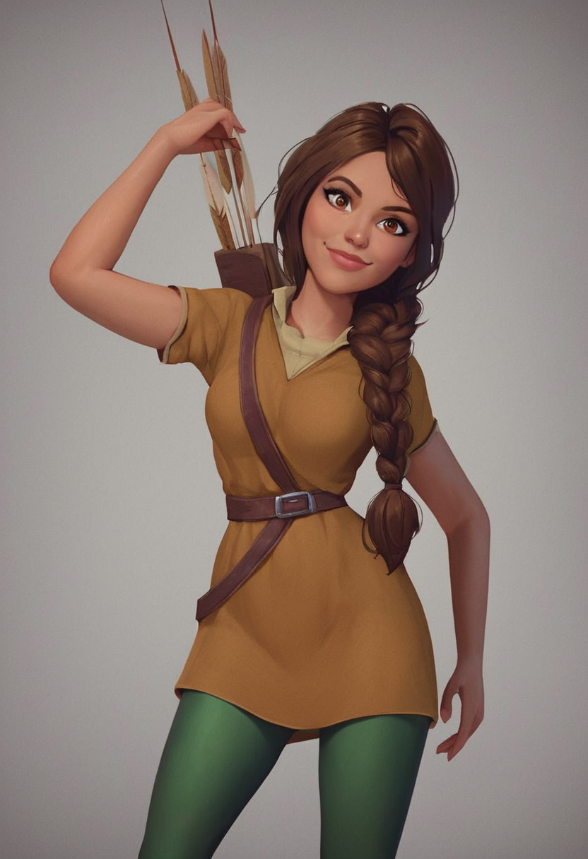 score_9, score_8_up, score_7_up, 1girl, solo,  carol_of_the_arrow, brown hair, brown eyes, dark skin, braid, long hair, belt, brown tunic, dark green tights, dynamic posing, dynamic angle, looking at viewer, light smile, simple background