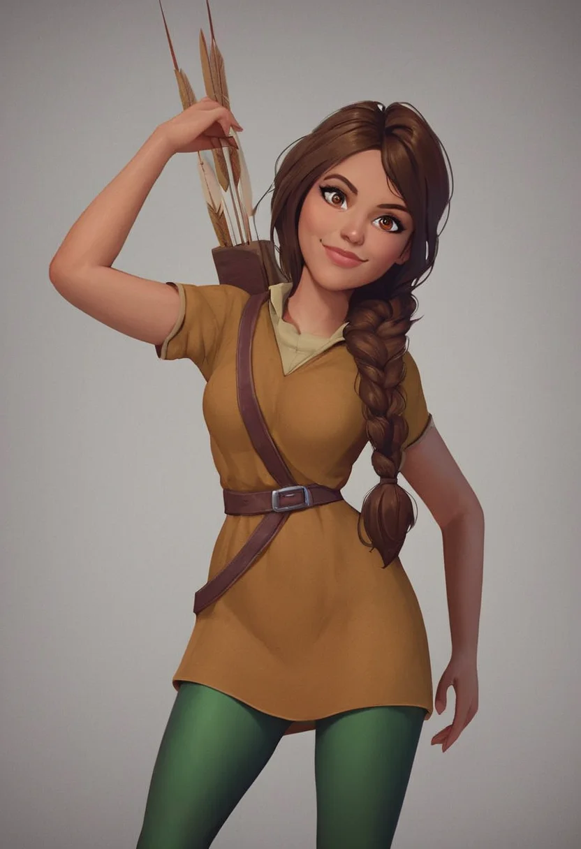 score_9, score_8_up, score_7_up, 1girl, solo, carol_of_the_arrow, brown hair, brown eyes, dark skin, braid, long hair, belt, brown tunic, dark green tights, dynamic posing, dynamic angle, looking at viewer, light smile, simple background