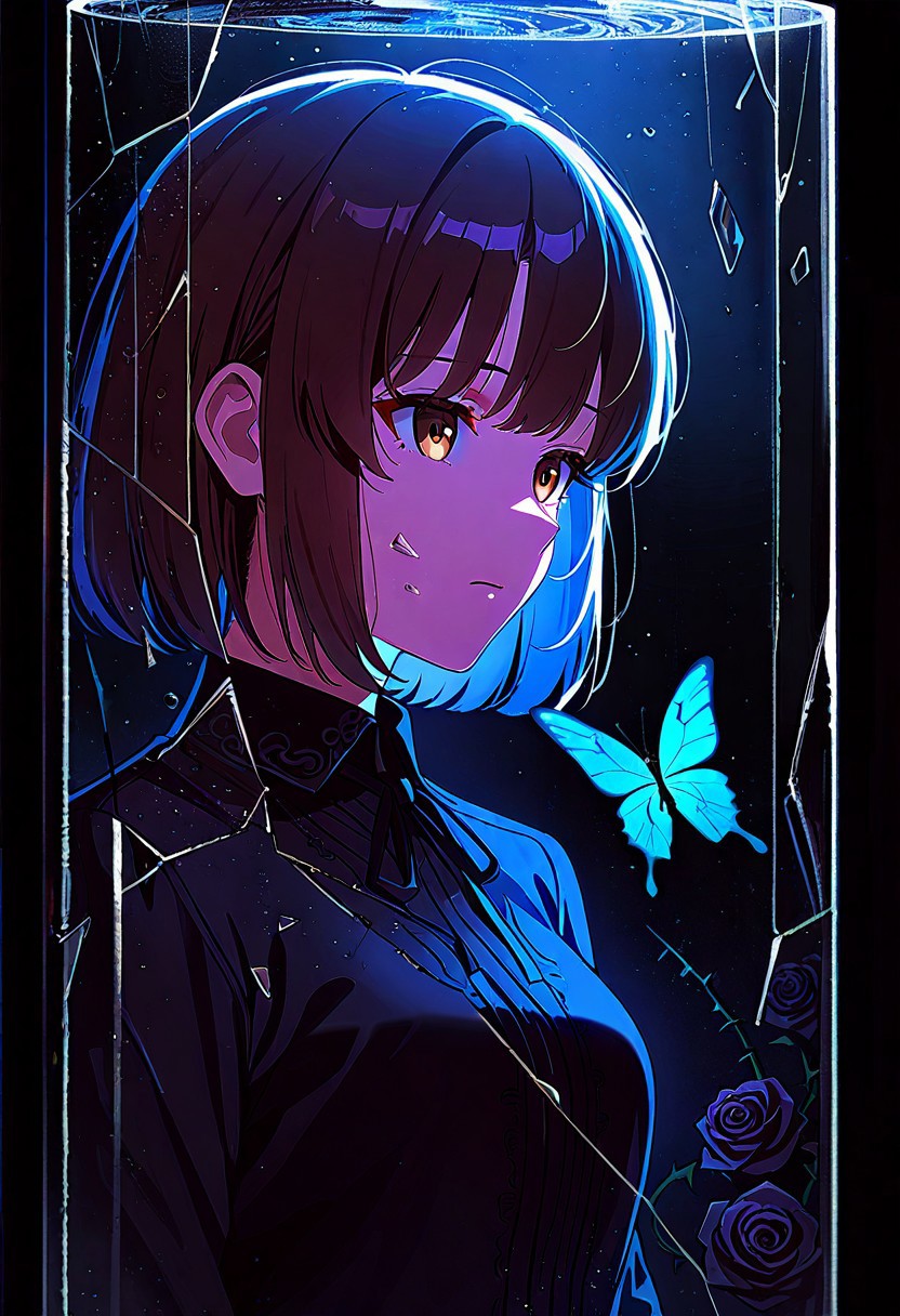 masterpiece, best quality, newest, absurdres, highres, 1girl,Megumi <lora:IL-KatoMegumi:0.8>,brown hair,katou megumi,brown eyes,medium breasts,short hair, electricity, abstract, breaking, shattered, glass, broken glass, monochrome, spot color, blue and black theme, dark, sad, gothic, black rose, thistles and thorns, flora, black and thick liquid, fog, blue butterfly, underlighting, strong visual impact, film lighting, (different reflection, reflection, glass shards:1.2), An ethereal sketch using lineart techniques and wet on wet painting, shatter across face, tomoe \(symbol\), <lora:Detailer_NoobAI_Incrs_v1:1.1>, detailed, time paradox, multiple views, black background, photo \(medium\), simple background