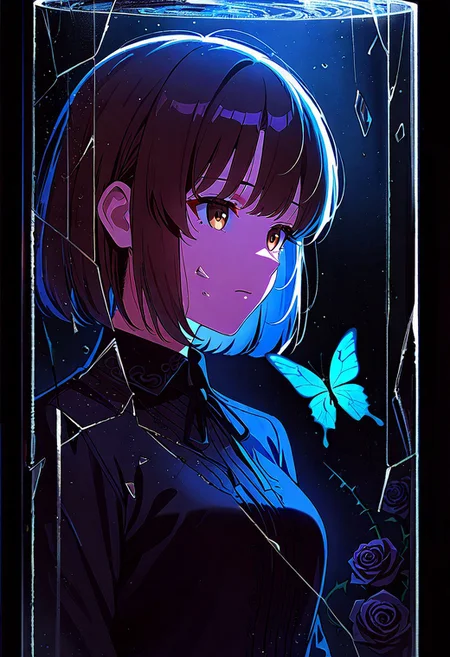 masterpiece, best quality, newest, absurdres, highres, 1girl,Megumi <lora:IL-KatoMegumi:0.8>,brown hair,katou megumi,brown eyes,medium breasts,short hair, electricity, abstract, breaking, shattered, glass, broken glass, monochrome, spot color, blue and black theme, dark, sad, gothic, black rose, thistles and thorns, flora, black and thick liquid, fog, blue butterfly, underlighting, strong visual impact, film lighting, (different reflection, reflection, glass shards:1.2), An ethereal sketch using lineart techniques and wet on wet painting, shatter across face, tomoe \(symbol\), <lora:Detailer_NoobAI_Incrs_v1:1.1>, detailed, time paradox, multiple views, black background, photo \(medium\), simple background