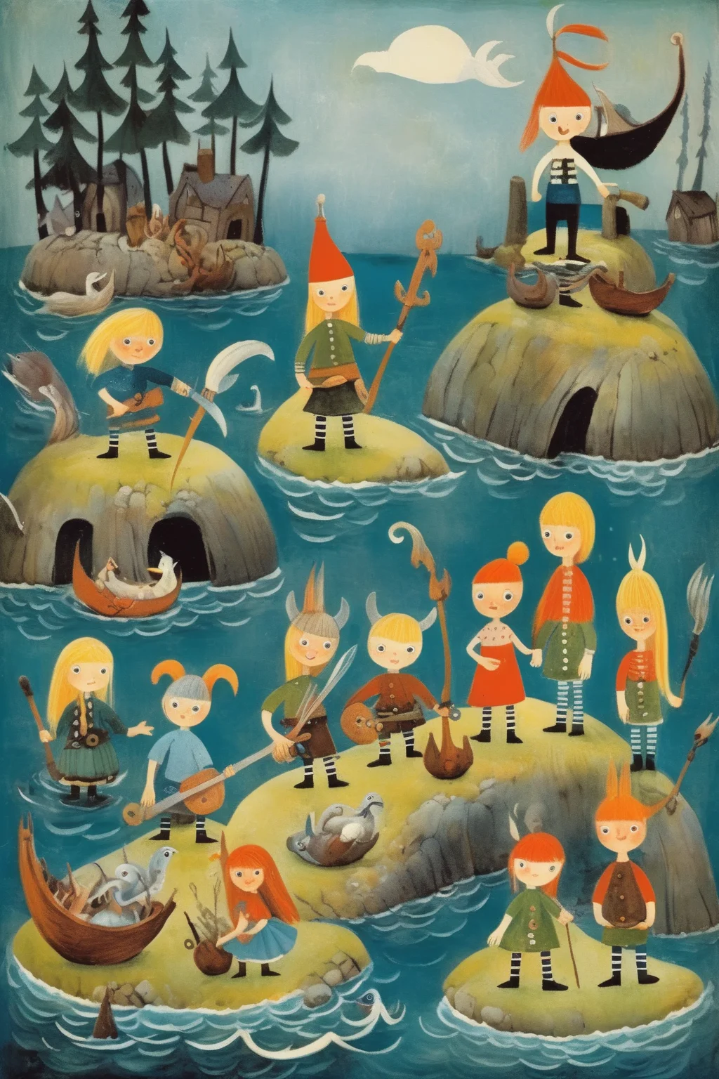 <lora:Tove Jansson Style:1>Tove Jansson Style - create a fairy tale scene viking children are playing island sea folk art